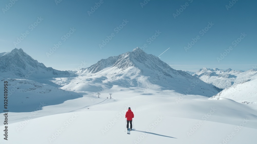 Person in red jacket walking on snow-covered mountain landscape. Person in red jacket walking on snow-covered mountain landscape.