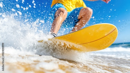 Person surfing on yellow board in ocean waves, bright sunny day. photo