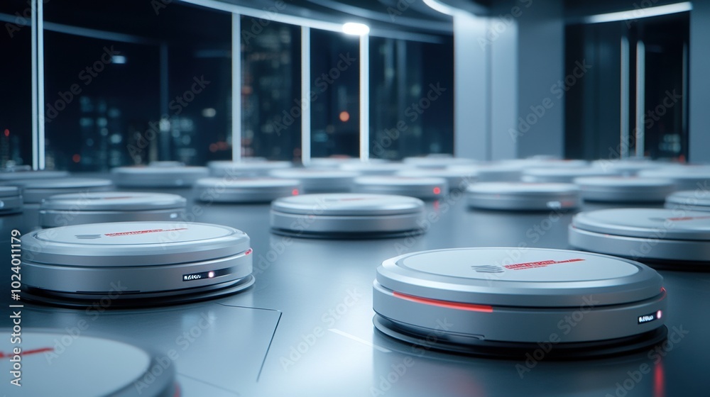 Robotic vacuum cleaners lined up in a modern, sleek interior room. Robotic vacuum cleaners lined up in a modern, sleek interior room.