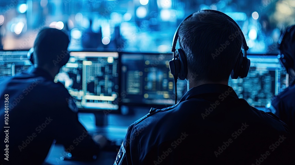 Police officers in a state-of-the-art 911 call center, coordinating emergency responses through digital interfaces, with glowing screens and real-time maps. Police officers in a state-of-the-art 911 call center, coordinating emergency responses through digital interfaces, with glowing screens and real-time maps.