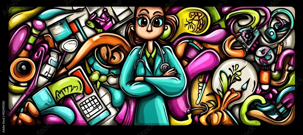 Fototapeta premium A colorful illustration featuring a confident healthcare professional amidst vibrant medical elements.