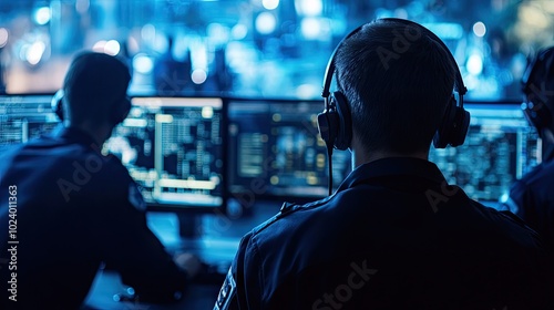 Police officers in a state-of-the-art 911 call center, coordinating emergency responses through digital interfaces, with glowing screens and real-time maps.