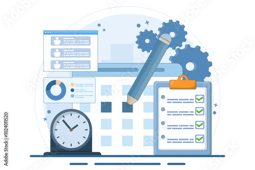Business planning concept, business team working with online digital calendar. Planning Schedule, Leaving Notes, Managing and Organizing Work and Time. Time management. Flat vector illustration.
