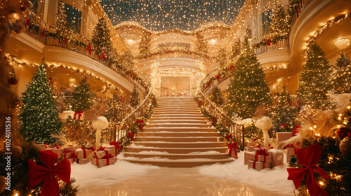 An elegant indoor Christmas scene featuring a grand staircase decorated with garlands, red bows, and twinkling lights.