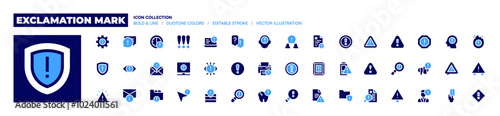 Exclamation mark icon collection. Bold style. Duotone colors. alert, chat, time, important, folder, shield, subscription, cursor, warning sign, eye, settings