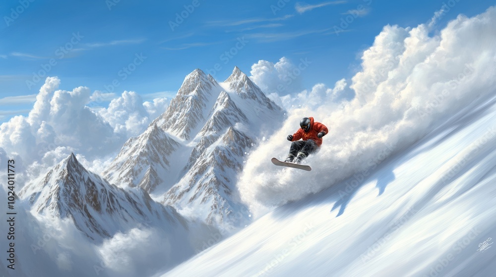 Snowboarder carving through fresh powder on a stunning mountain landscape. Snowboarder carving through fresh powder on a stunning mountain landscape.