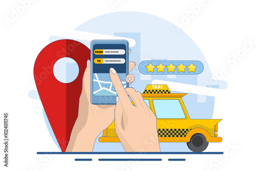 Concept Find online taxi drivers, Online taxi, Taxi service app, Rent and share car, Long distance car sharing, Navigation pin. Taxi service app on smartphone screen. Flat vector illustration.