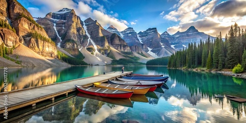 High angle view of canoes on jetty at Moraine Lake photo