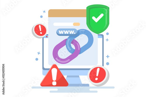 concept of protection from malicious links. unsafe website addresses. dangerous and suspicious url addresses. chain with shield symbol and warning sign. flat vector illustration.