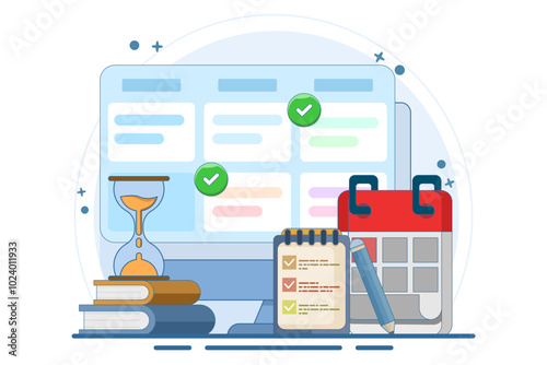 Schedule planning concept. Vector flat illustration banner. Work tasks, filling checklist, making schedule using calendar. To-do list. Business and organization. Flat vector illustration.