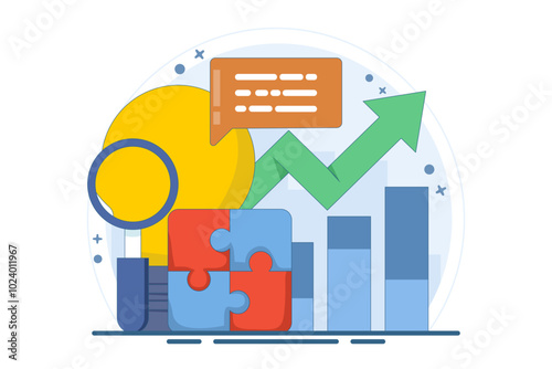 Business solutions and support concept, problem solving and decision making, innovative ideas. Connecting puzzle elements, team metaphor, business approach, brainstorming. Vector illustration.