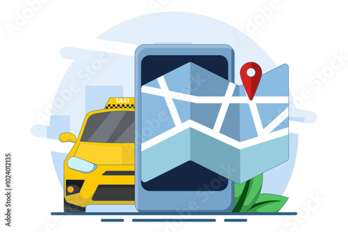Concept Find online taxi drivers, Online taxi, Taxi service app, Rent and share car, Long distance car sharing, Navigation pin. Taxi service app on smartphone screen. Flat vector illustration.
