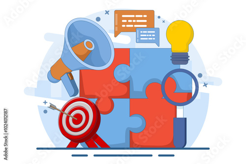 Business solutions and support concept, problem solving and decision making, innovative ideas. Connecting puzzle elements, team metaphor, business approach, brainstorming. Vector illustration.