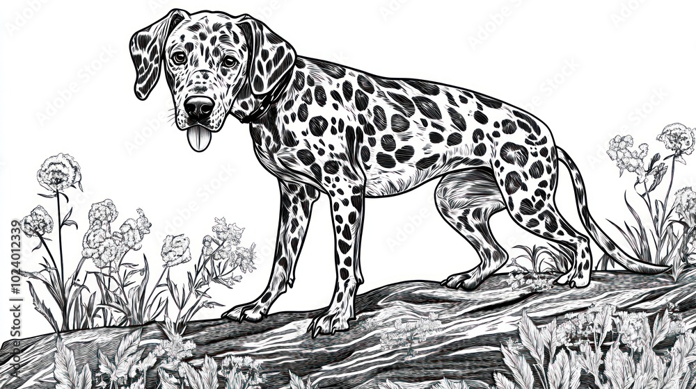 Fototapeta premium A detailed illustration of a Dalmatian dog among flowers and foliage.