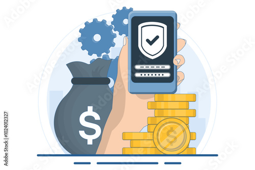 Safe and secure financial app concept, Smart phone with gold coin and key, secure payment, money protection and financial security. digital marketing. flat vector illustration.