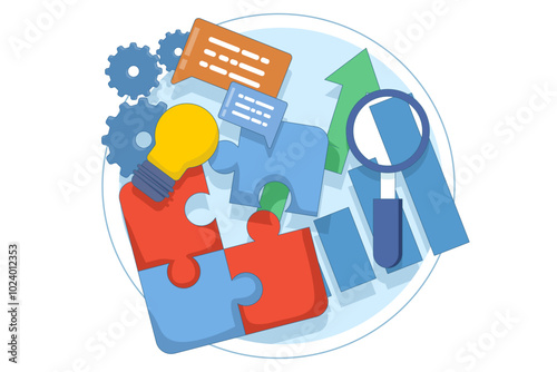 Business solutions and support concept, problem solving and decision making, innovative ideas. Connecting puzzle elements, team metaphor, business approach, brainstorming. Vector illustration.