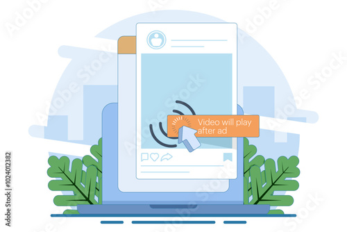 Unskippable Social Media Ads Concept. In-stream short video ads that viewers have to watch while watching the video. Digital marketing business promotion is running with online broadcasting.