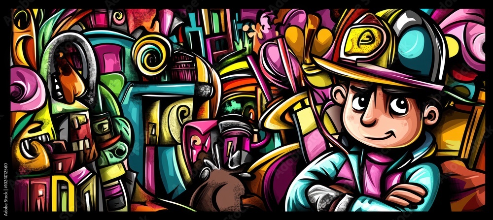 A vibrant, cartoonish scene featuring a boy, a dog, and colorful abstract backgrounds. A vibrant, cartoonish scene featuring a boy, a dog, and colorful abstract backgrounds.