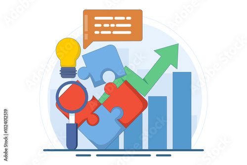 Business solutions and support concept, problem solving and decision making, innovative ideas. Connecting puzzle elements, team metaphor, business approach, brainstorming. Vector illustration.