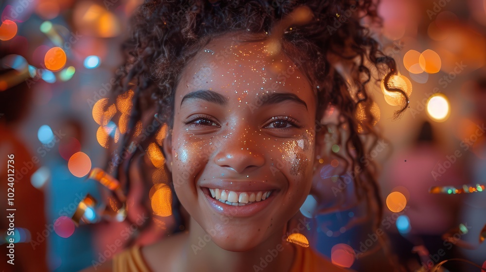 Cheerful Girl with Sparkles in Festive Atmosphere Cheerful Girl with Sparkles in Festive Atmosphere