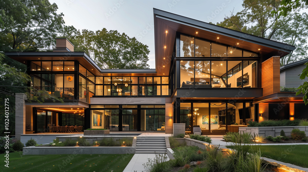 Modern suburban home with a sloped roof, expansive glass windows, and a sleek combination of wood and concrete, designed to blend seamlessly with the surrounding environment. exterior architecture Modern suburban home with a sloped roof, expansive glass windows, and a sleek combination of wood and concrete, designed to blend seamlessly with the surrounding environment. exterior architecture