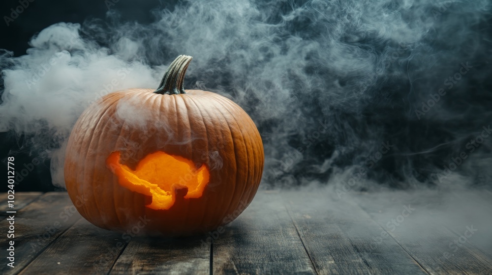 Naklejka premium close-up of holloween pumpkin on wooden table, smoke float up on black background