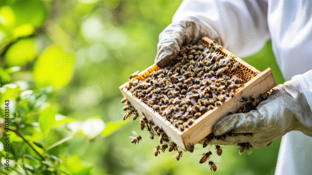 A person holds a wooden frame filled with bees and honeycomb in a green environment. A person holds a wooden frame filled with bees and honeycomb in a green environment.