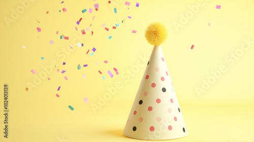 A festive party hat with colorful confetti on a bright yellow background.