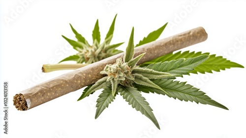 Cannabis blunt with marijuana buds and leaves isolated on white background photo