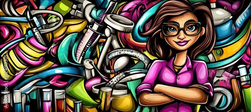 A confident woman stands amidst colorful scientific equipment and tools.