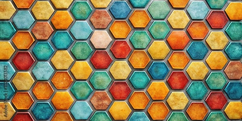 High angle view of colorful hexagonal tiles with textured surface in a beehive pattern