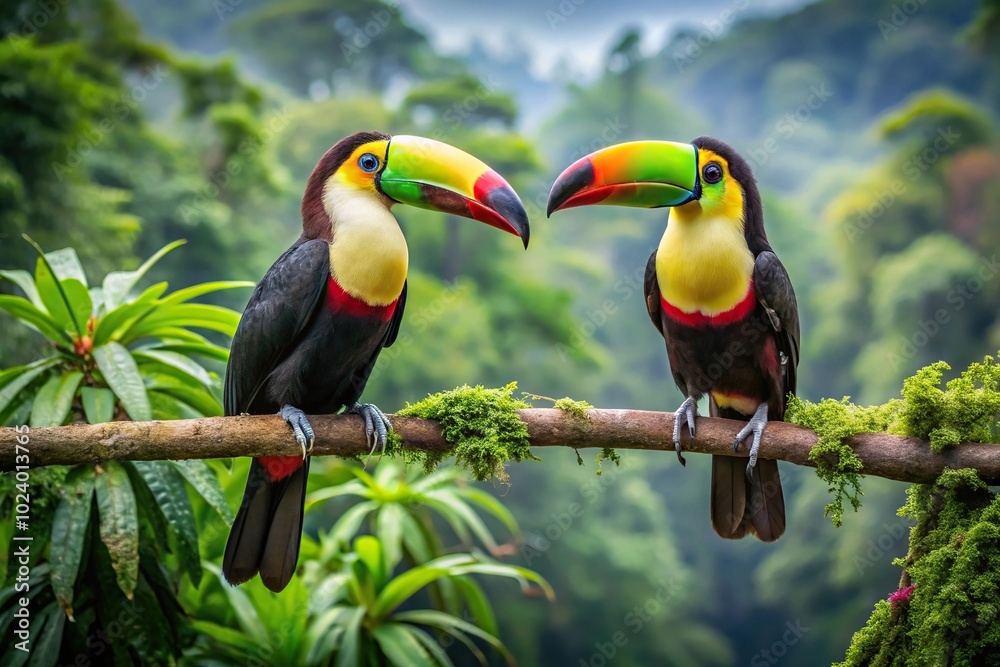 Obraz premium High angle view of colorful toucans in Costa Rican rainforest wildlife encounter