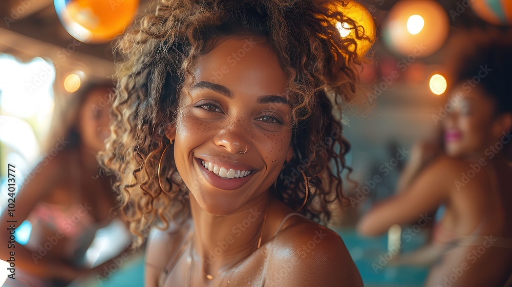 Joyful Woman Smiling at a Bright Outdoor Bar