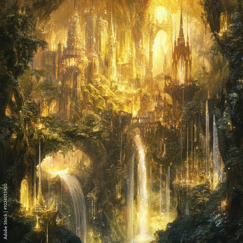 Golden City of the Forest: A breathtaking fantasy landscape where a ...