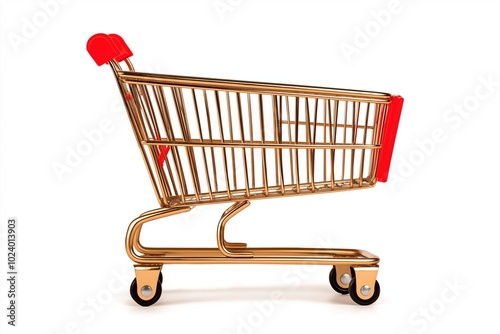 A shiny gold shopping cart with striking red handles stands against a clean white backdrop, creating a striking image with a blend of luxury and everyday simplicity.