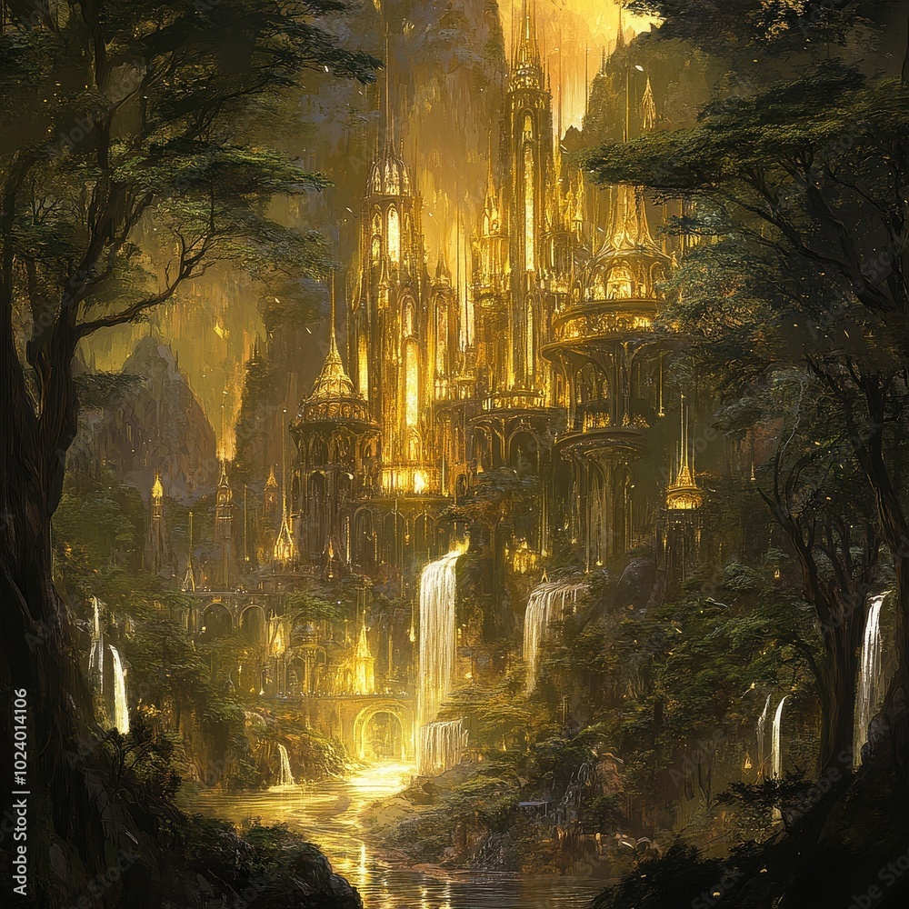 Naklejka premium Golden City in the Emerald Forest