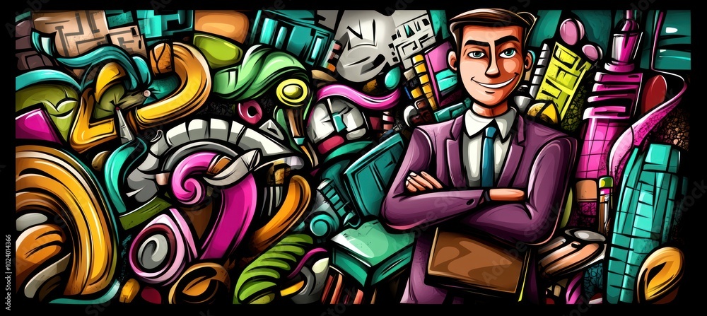 A vibrant illustration of a confident businessman amidst abstract designs and urban elements. A vibrant illustration of a confident businessman amidst abstract designs and urban elements.