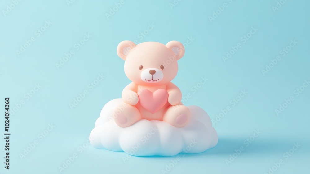 A cute teddy bear sitting on a fluffy cloud, evoking a sense of comfort and playfulness.