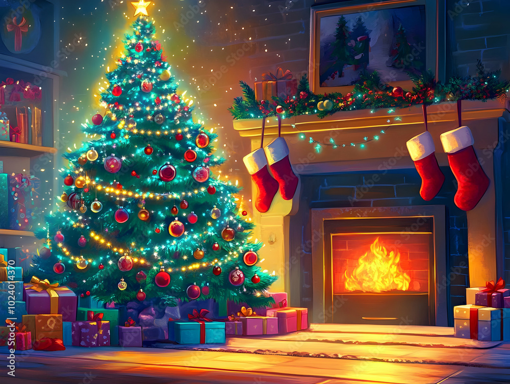A cozy Christmas scene featuring a decorated tree, gifts, stockings, and a warm fireplace. A cozy Christmas scene featuring a decorated tree, gifts, stockings, and a warm fireplace.