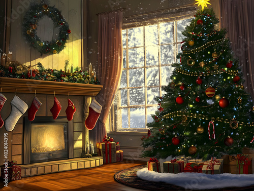 A cozy living room decorated for Christmas with a tree, stockings, and a fireplace.