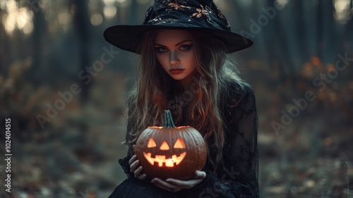 Portrait beautiful woman dressed as witch for Halloween holding lantern pumkin in holloween theme.