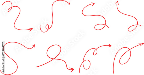 Curved Red Arrow Sign Collection. Hand Drawn Arrow Pointing Direction. Cute Red Arrow Icon. 