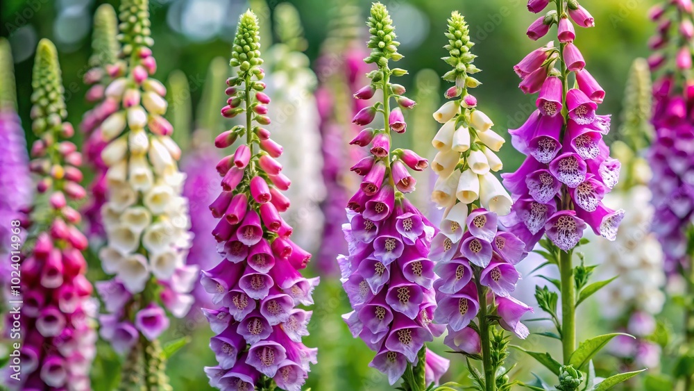 High Angle view of Digitalis purpurea Foxy herbs with pink, white, and purple flowers High Angle view of Digitalis purpurea Foxy herbs with pink, white, and purple flowers