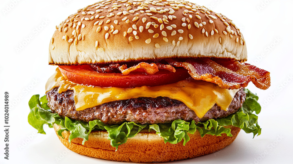 Juicy hamburger with sesame seed bun, crispy bacon, fresh lettuce, and melted cheese, perfect for delicious meal Juicy hamburger with sesame seed bun, crispy bacon, fresh lettuce, and melted cheese, perfect for delicious meal