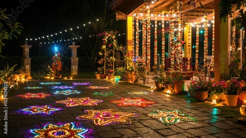 A beautifully decorated venue featuring colorful lights, rangoli designs, and traditional decorations for a Diwali celebration photo