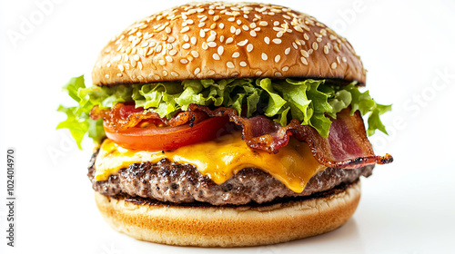 Delicious hamburger with sesame seed bun, crispy bacon, fresh lettuce, and melted cheese, perfect for satisfying meal