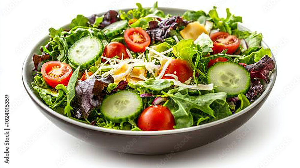 Fresh salad with variety of greens, cherry tomatoes, cucumbers, and cheese, presented in bowl, showcasing vibrant colors and healthy ingredients Fresh salad with variety of greens, cherry tomatoes, cucumbers, and cheese, presented in bowl, showcasing vibrant colors and healthy ingredients
