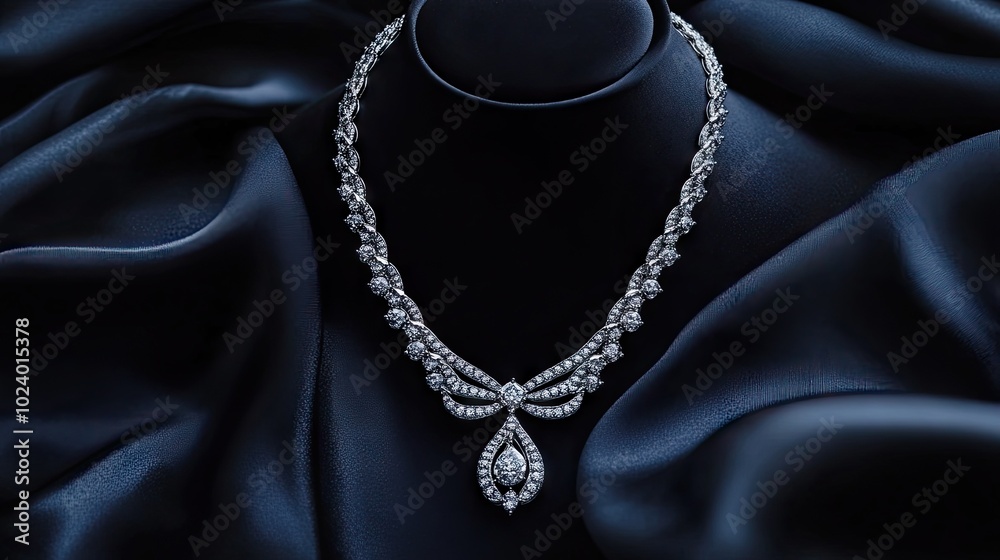 Stunning platinum necklace with a diamond pendant, perfectly presented on dark silk fabric, radiating opulence and timeless beauty. Stunning platinum necklace with a diamond pendant, perfectly presented on dark silk fabric, radiating opulence and timeless beauty.