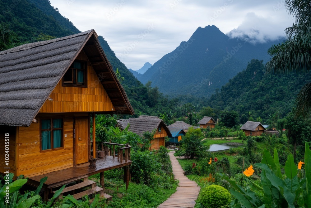 A mountain village that has implemented sustainable forestry practices, ensuring the balance of human life and nature A mountain village that has implemented sustainable forestry practices, ensuring the balance of human life and nature