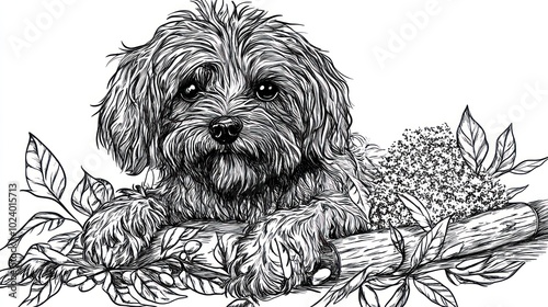 A detailed illustration of a dog resting on a branch surrounded by leaves and flowers.